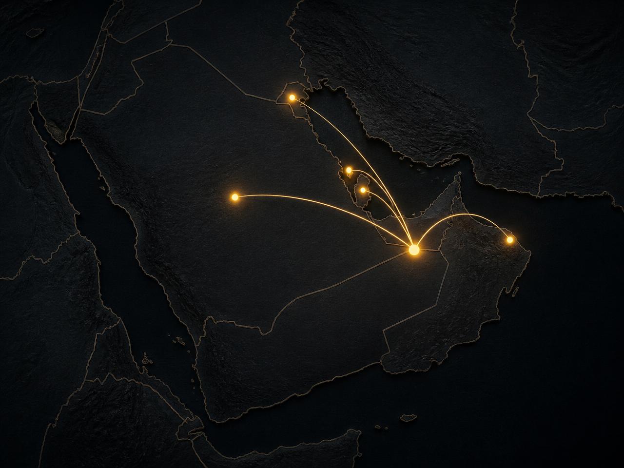 Map of Middle East coverage with routes from Dubai across the region